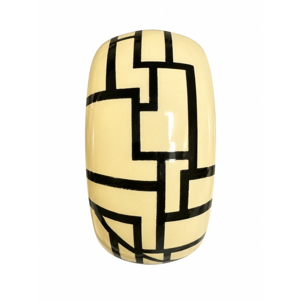 Vintage Wide Hand Painted Wooden Bangle Bracelet Cream Black Geometric Art Deco